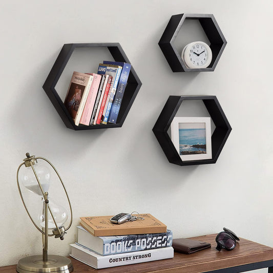 Ah-decor hexagon floating shelves Black / Black Set of 3 Black Adjustable Wall Mounted Hexagon Floating Shelves