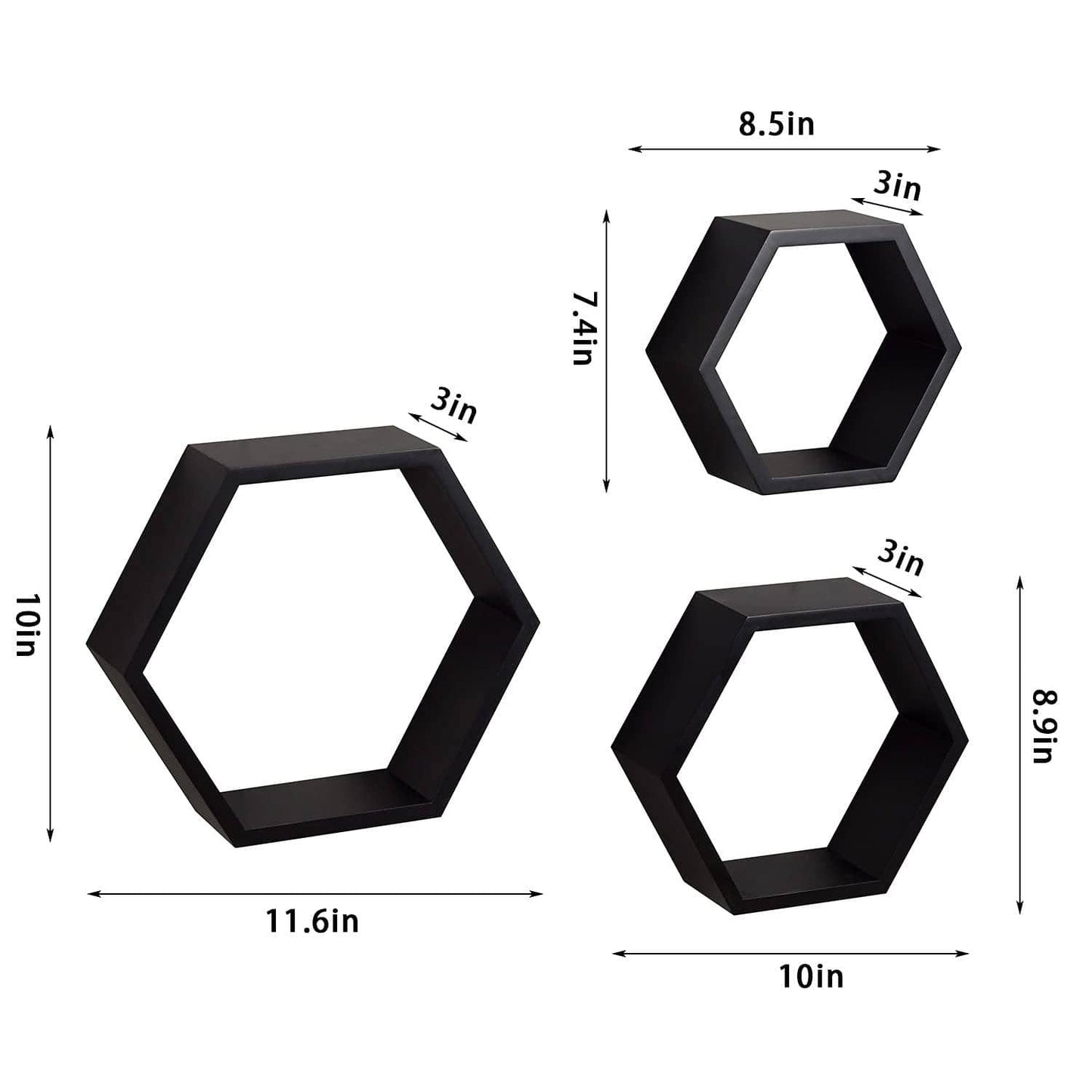 Ah-decor hexagon floating shelves Black / Black Set of 3 Black Adjustable Wall Mounted Hexagon Floating Shelves