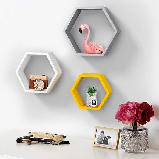 Ah-decor hexagone floating shelf White & Grey & Yellow Set of 3 Adjustable Wall Mounted Hexagon Floating Shelves