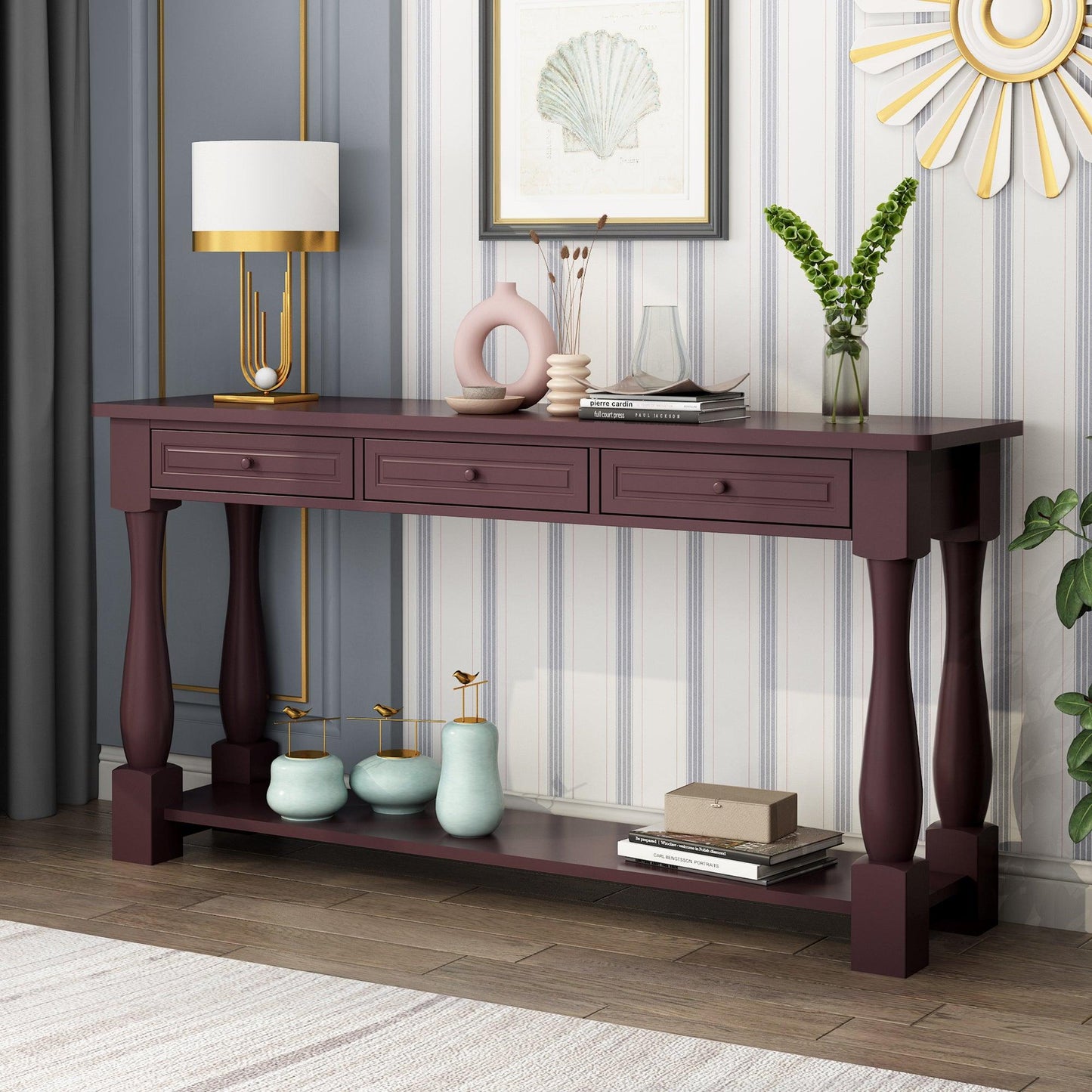 Ah-decor sofa table Console Table for Entryway Wood Sofa Table with Storage Drawers and Bottom Shelf for Hallway Living Room Brown Color