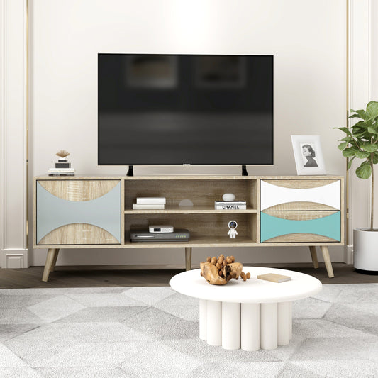 Ah-decor TV Stand Brown Oak TV Stand with Storage Cabinet and Shelves, TV Console Table for Living Room