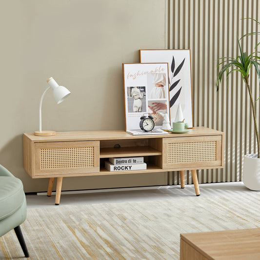 AHDECOR 55.12" Rattan TV cabinet, double sliding doors for storage,  adjustable shelf, solid wood legs, TV console for living room ,natural