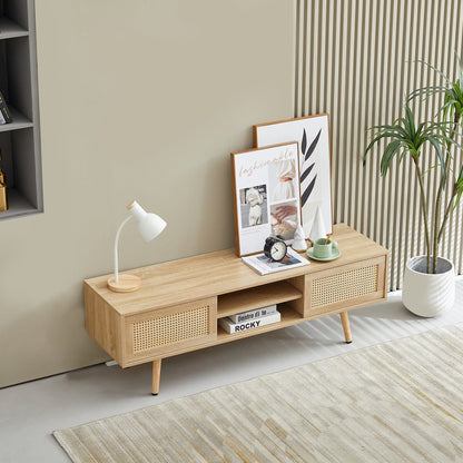 AHDECOR 55.12" Rattan TV cabinet, double sliding doors for storage,  adjustable shelf, solid wood legs, TV console for living room ,natural