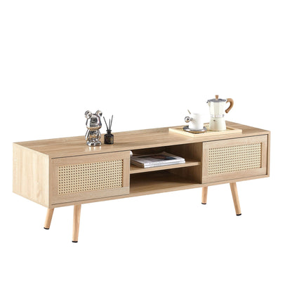 AHDECOR 55.12" Rattan TV cabinet, double sliding doors for storage,  adjustable shelf, solid wood legs, TV console for living room ,natural