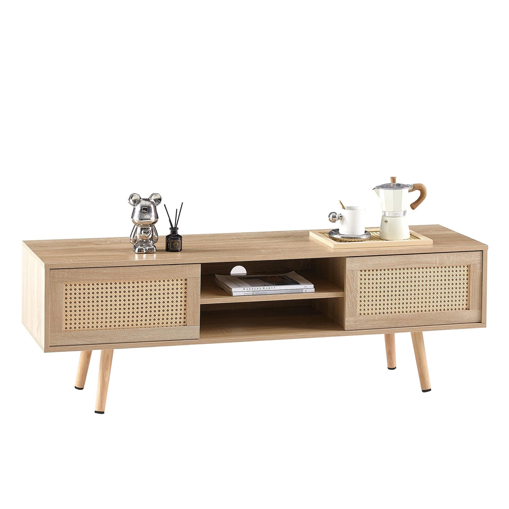 AHDECOR 55.12" Rattan TV cabinet, double sliding doors for storage,  adjustable shelf, solid wood legs, TV console for living room ,natural
