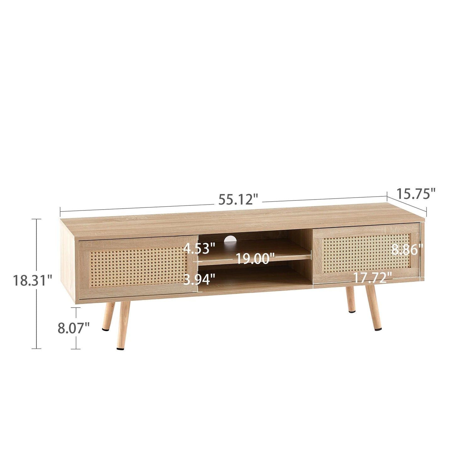 AHDECOR 55.12" Rattan TV cabinet, double sliding doors for storage,  adjustable shelf, solid wood legs, TV console for living room ,natural