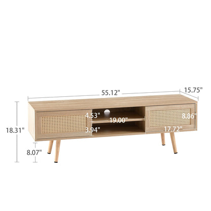AHDECOR 55.12" Rattan TV cabinet, double sliding doors for storage,  adjustable shelf, solid wood legs, TV console for living room ,natural