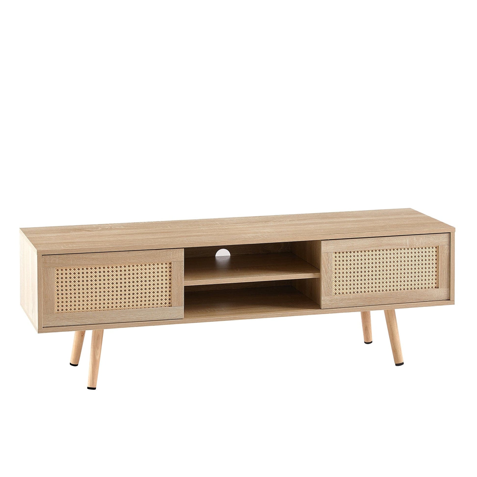 AHDECOR 55.12" Rattan TV cabinet, double sliding doors for storage,  adjustable shelf, solid wood legs, TV console for living room ,natural
