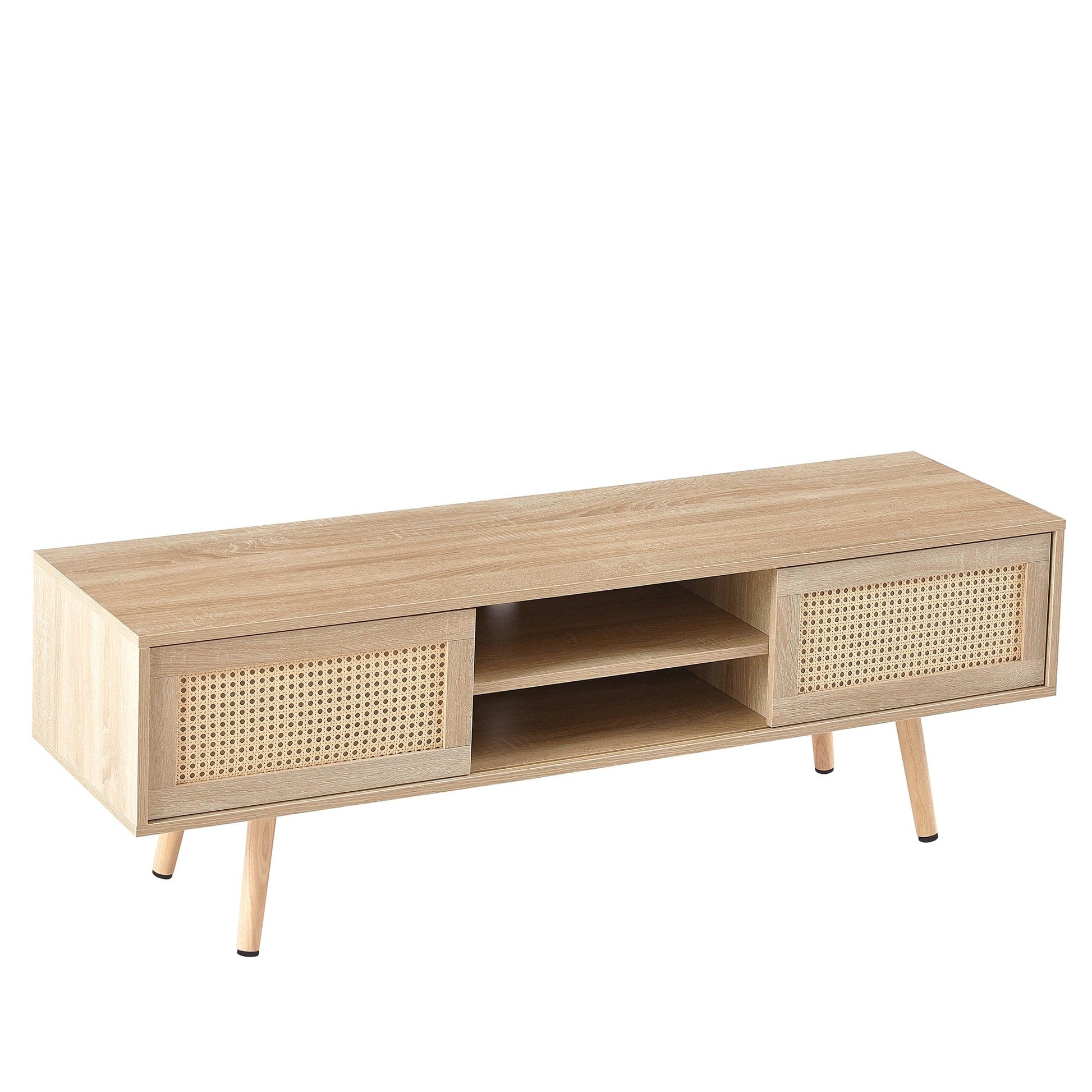 AHDECOR 55.12" Rattan TV cabinet, double sliding doors for storage,  adjustable shelf, solid wood legs, TV console for living room ,natural