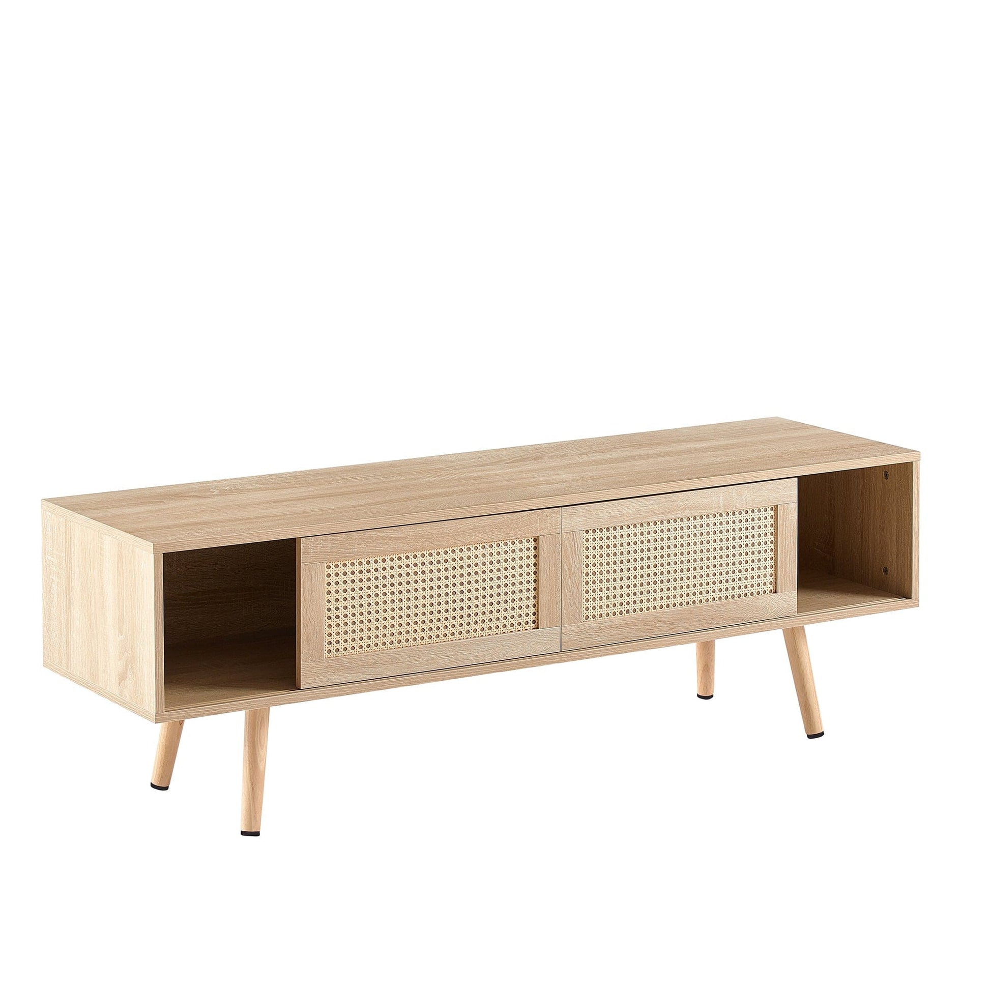 AHDECOR 55.12" Rattan TV cabinet, double sliding doors for storage,  adjustable shelf, solid wood legs, TV console for living room ,natural
