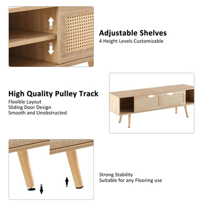 AHDECOR 55.12" Rattan TV cabinet, double sliding doors for storage,  adjustable shelf, solid wood legs, TV console for living room ,natural