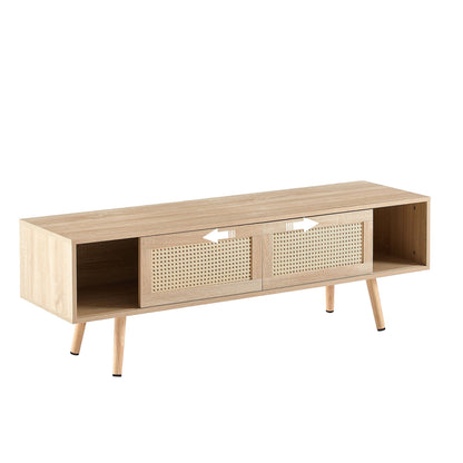 AHDECOR 55.12" Rattan TV cabinet, double sliding doors for storage,  adjustable shelf, solid wood legs, TV console for living room ,natural