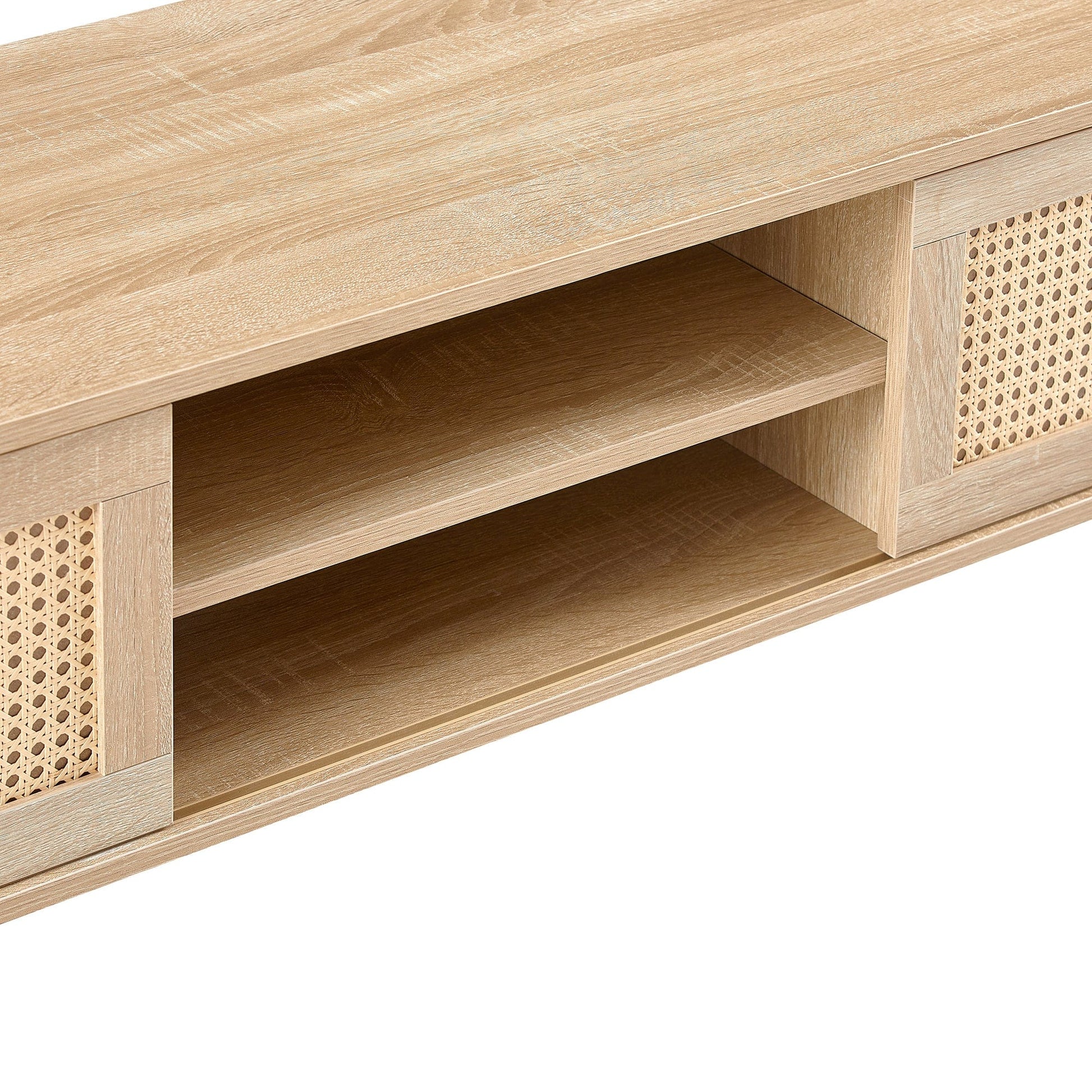 AHDECOR 55.12" Rattan TV cabinet, double sliding doors for storage,  adjustable shelf, solid wood legs, TV console for living room ,natural