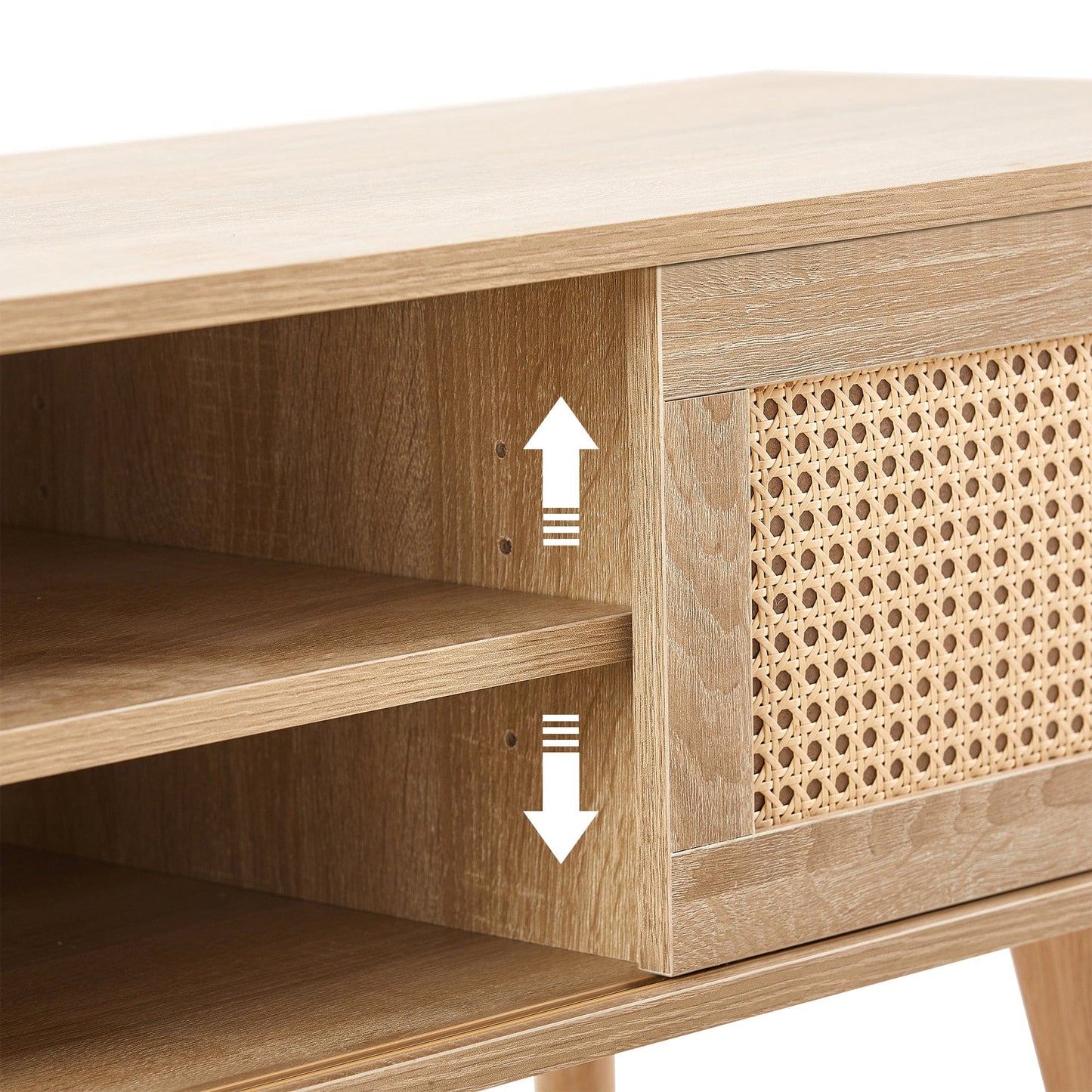 AHDECOR 55.12" Rattan TV cabinet, double sliding doors for storage,  adjustable shelf, solid wood legs, TV console for living room ,natural