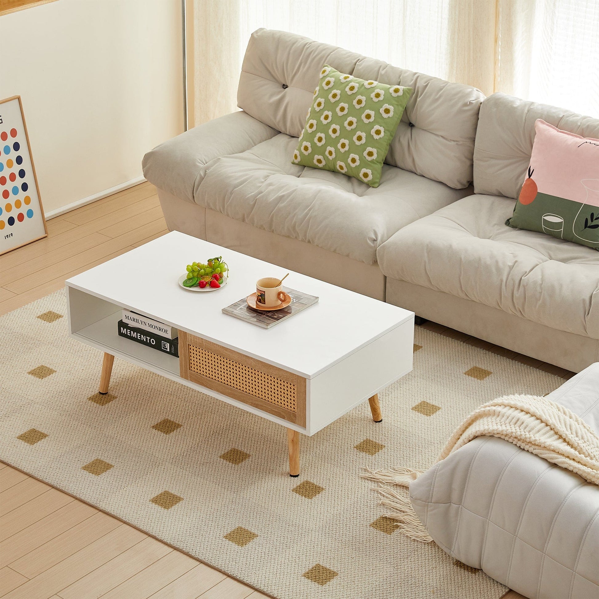 Ah-decor Coffee Tables 41.34" Rattan Coffee table, sliding door for storage, solid wood legs, Modern table  for living room ,White