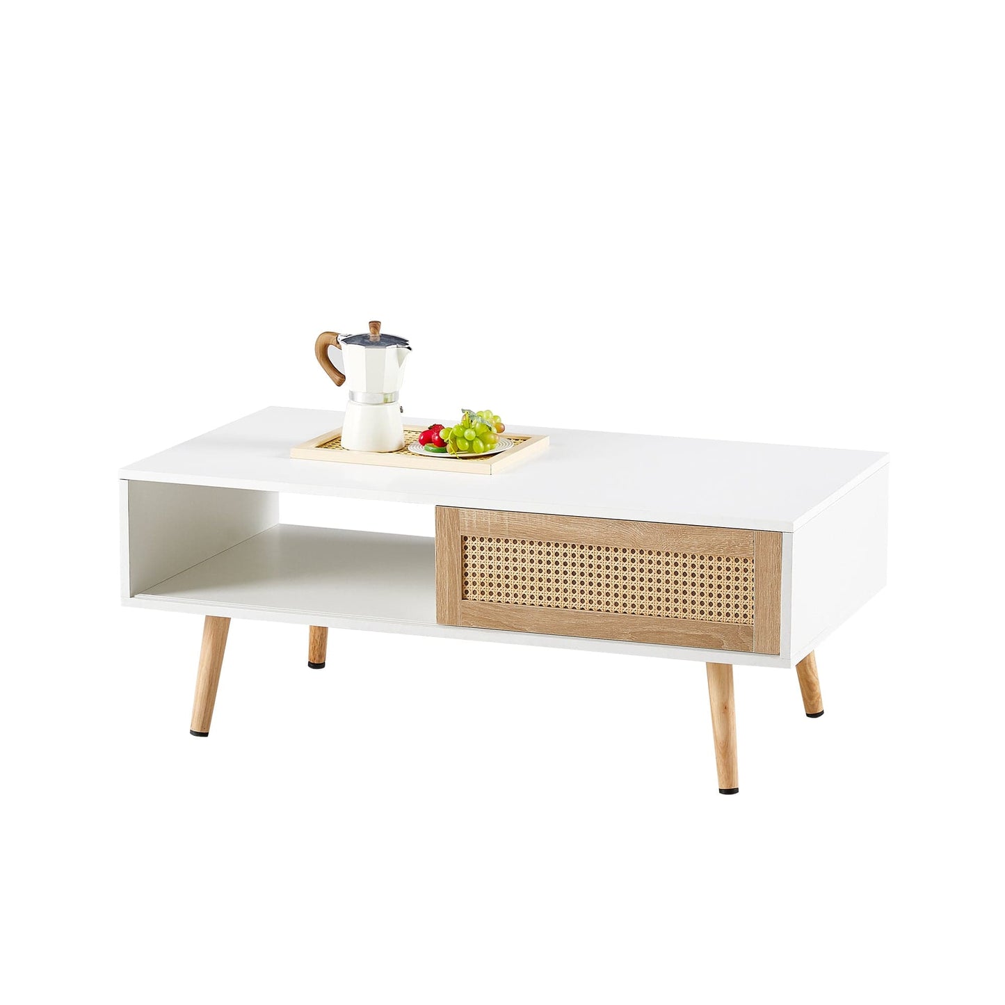 Ah-decor Coffee Tables 41.34" Rattan Coffee table, sliding door for storage, solid wood legs, Modern table  for living room ,White