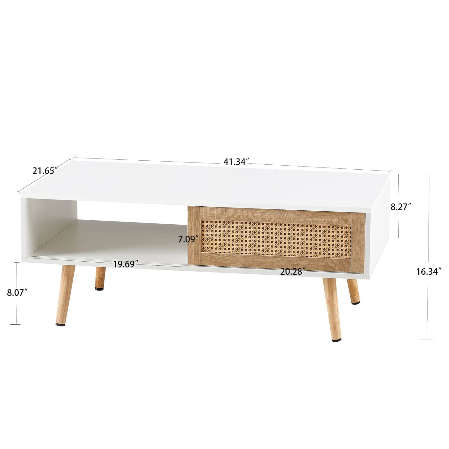 Ah-decor Coffee Tables 41.34" Rattan Coffee table, sliding door for storage, solid wood legs, Modern table  for living room ,White