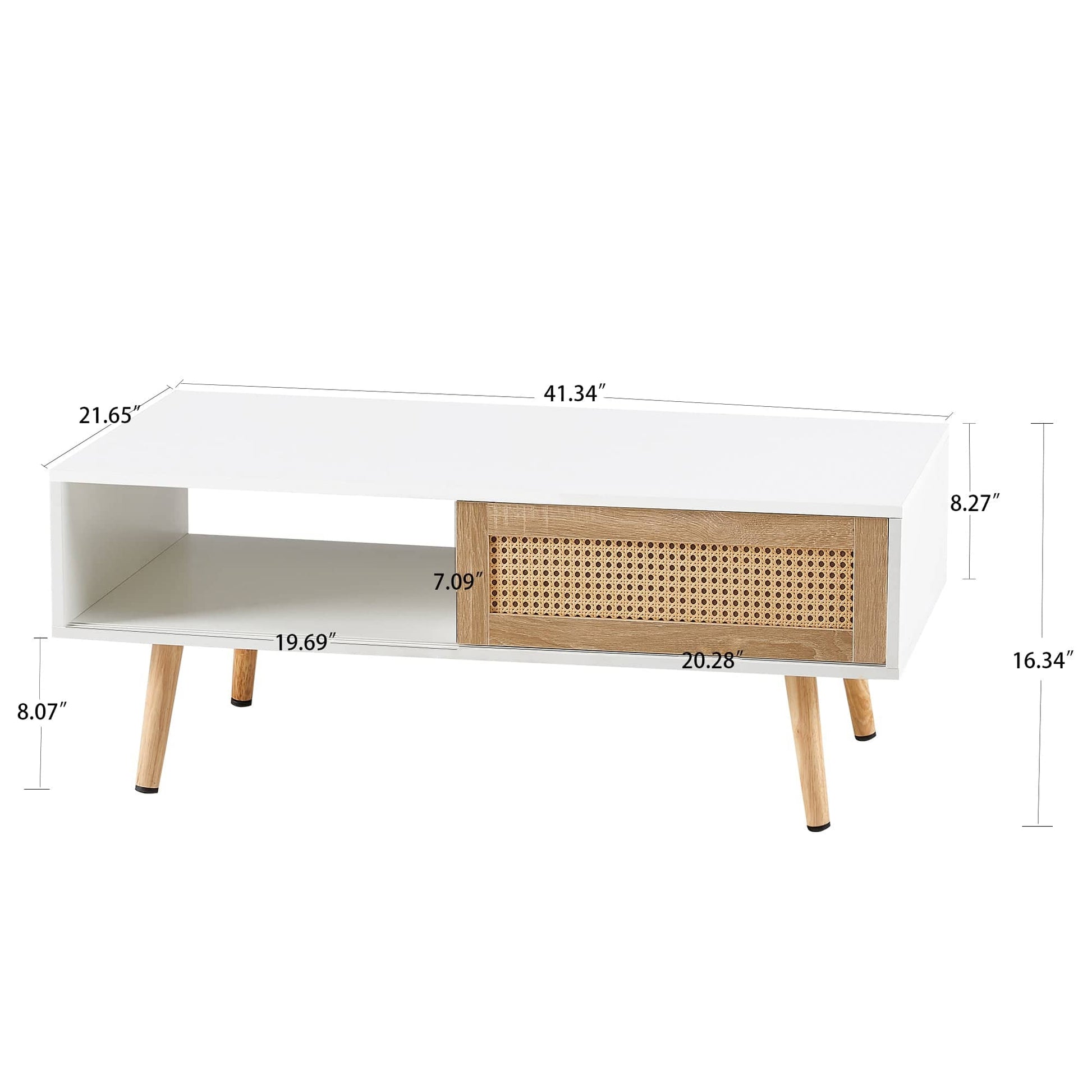 Ah-decor Coffee Tables 41.34" Rattan Coffee table, sliding door for storage, solid wood legs, Modern table  for living room ,White
