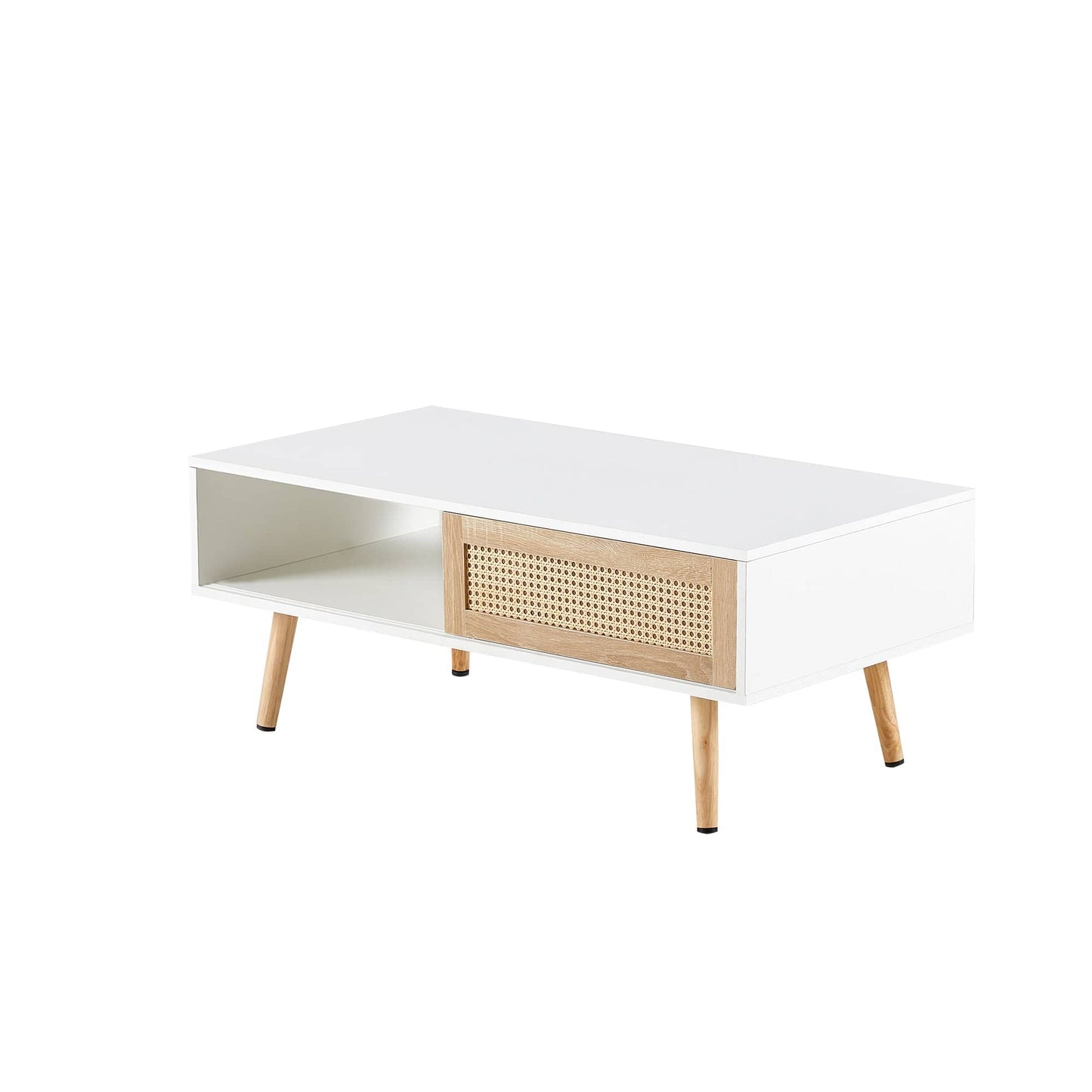 Ah-decor Coffee Tables 41.34" Rattan Coffee table, sliding door for storage, solid wood legs, Modern table  for living room ,White