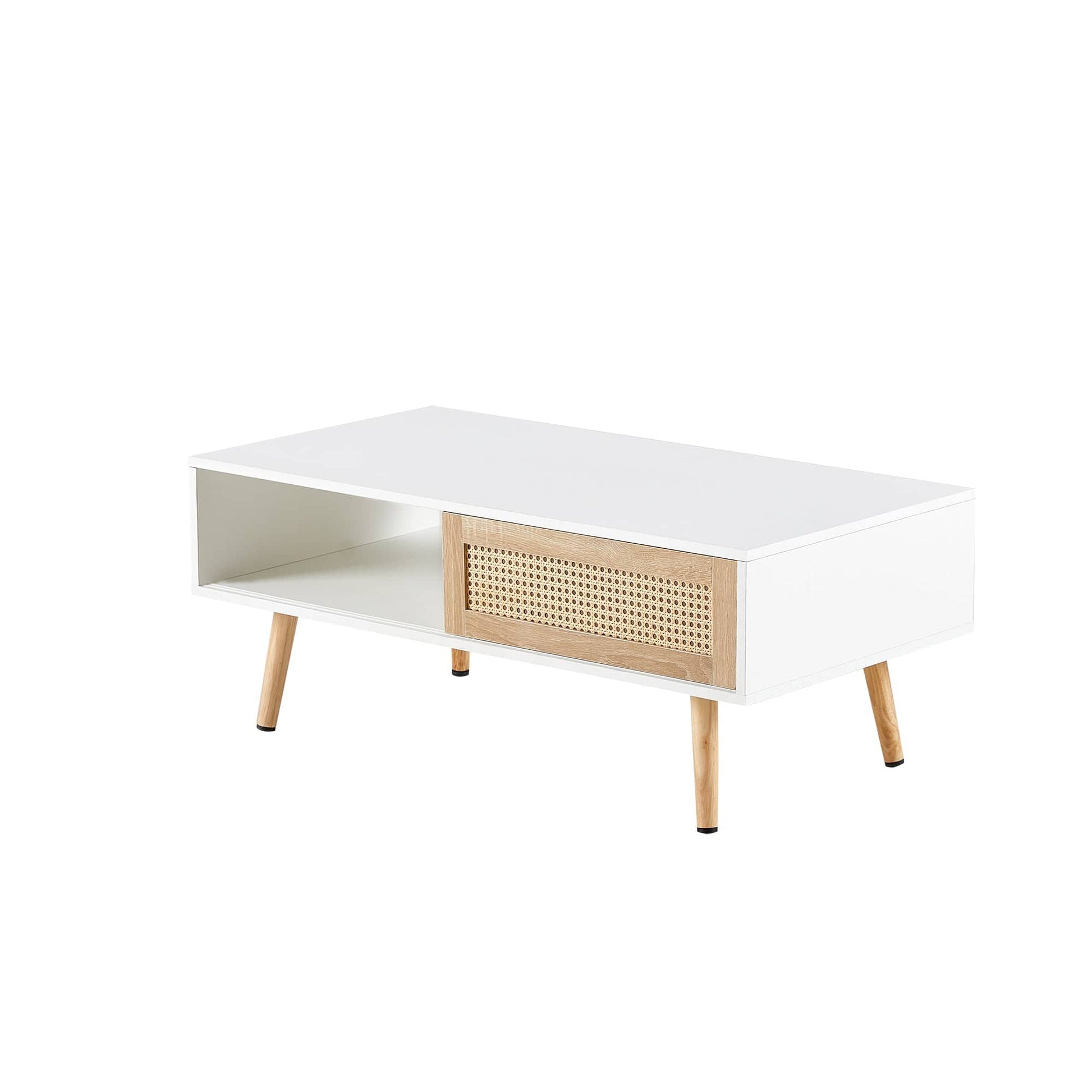 Ah-decor Coffee Tables 41.34" Rattan Coffee table, sliding door for storage, solid wood legs, Modern table  for living room ,White