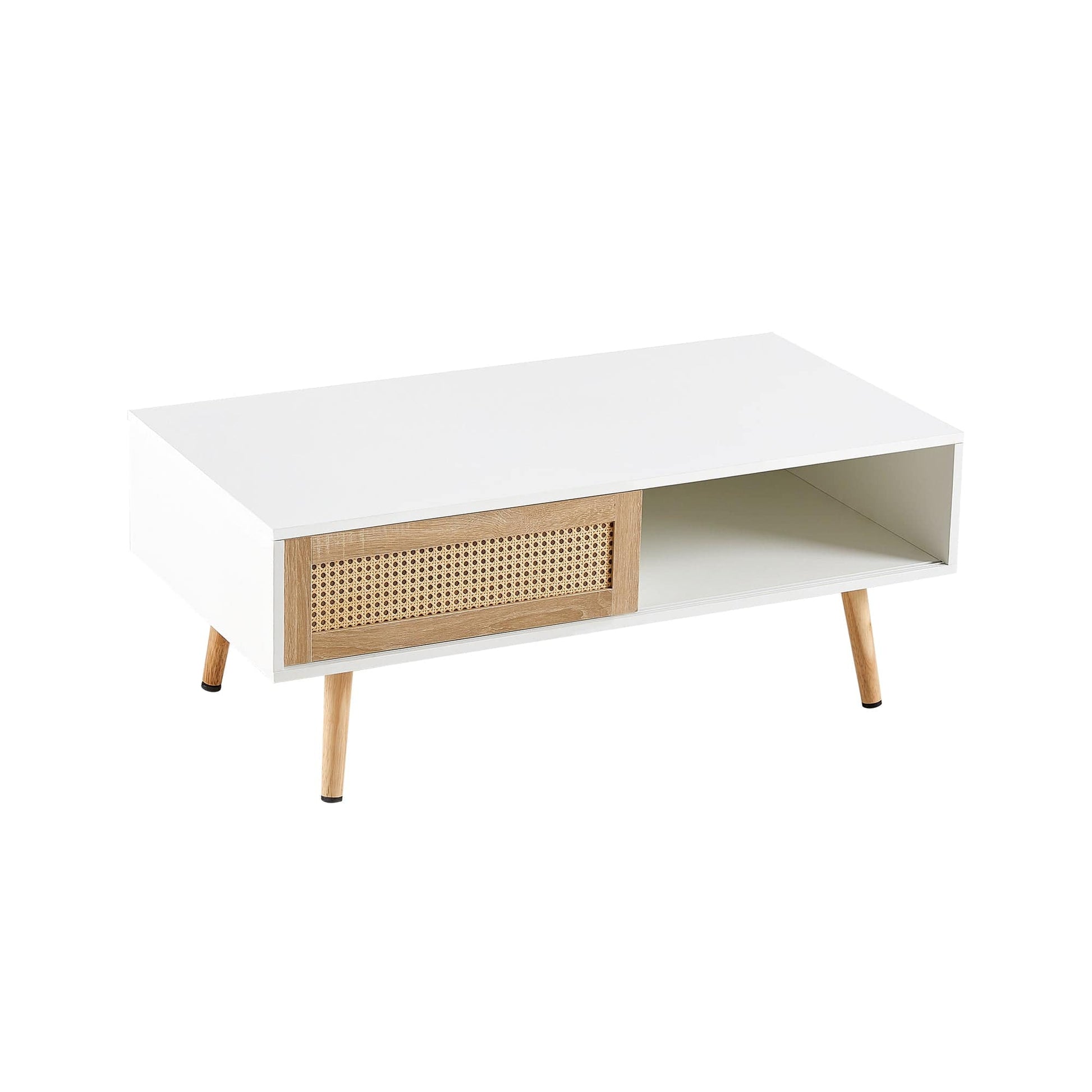 Ah-decor Coffee Tables 41.34" Rattan Coffee table, sliding door for storage, solid wood legs, Modern table  for living room ,White