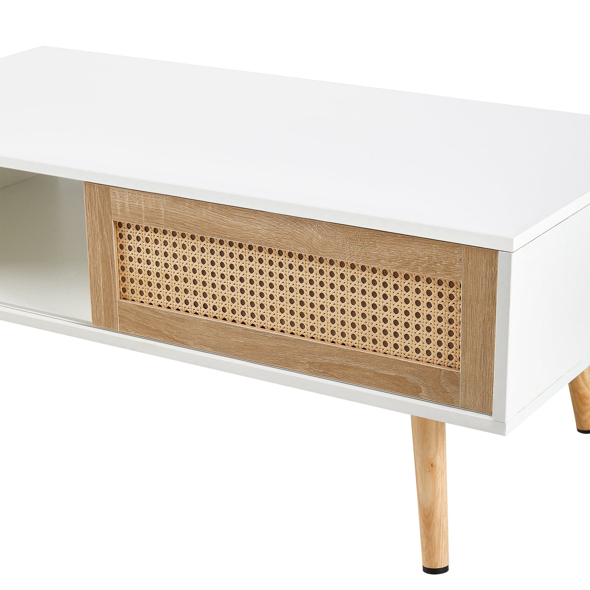 Ah-decor Coffee Tables 41.34" Rattan Coffee table, sliding door for storage, solid wood legs, Modern table  for living room ,White