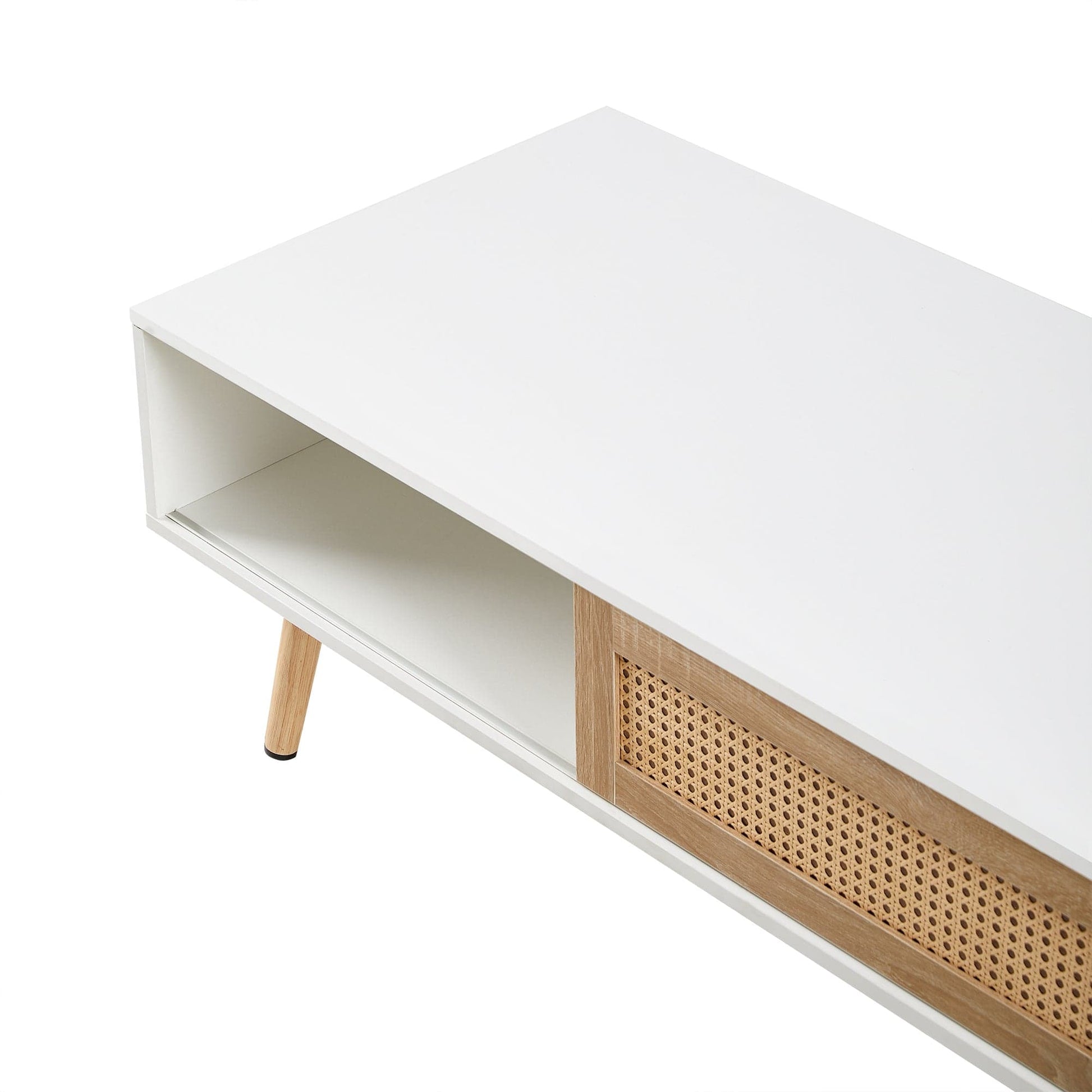 Ah-decor Coffee Tables 41.34" Rattan Coffee table, sliding door for storage, solid wood legs, Modern table  for living room ,White