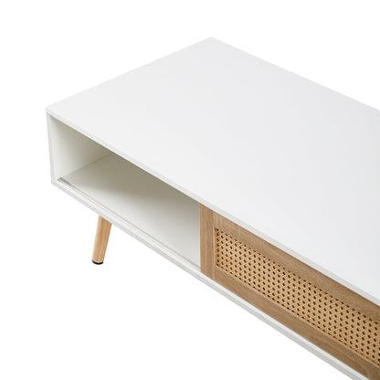 Ah-decor Coffee Tables 41.34" Rattan Coffee table, sliding door for storage, solid wood legs, Modern table  for living room ,White
