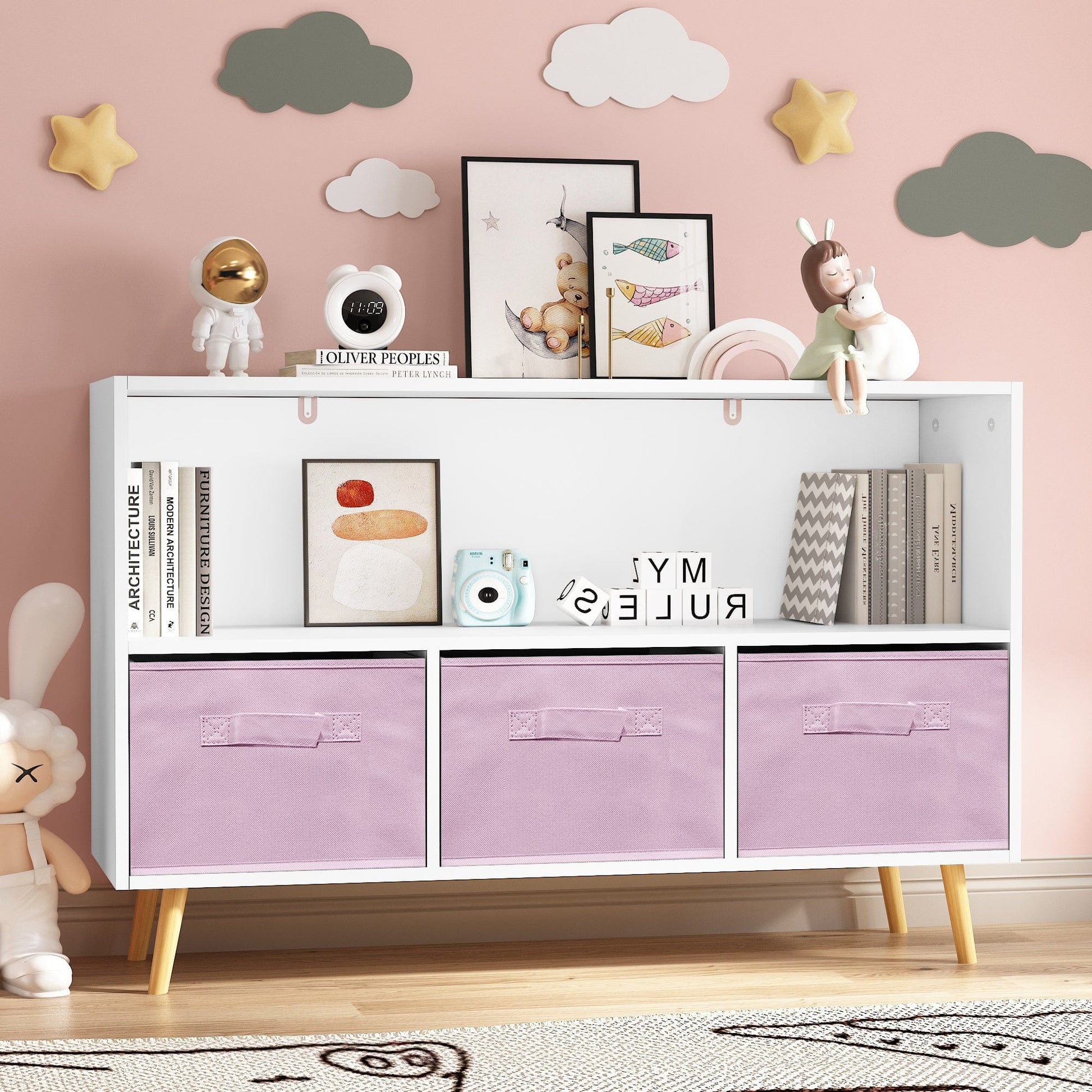 AHDECOR Collapsible Fabric Drawers Kids Bookcase with Toy Storage Cabinet Organizer