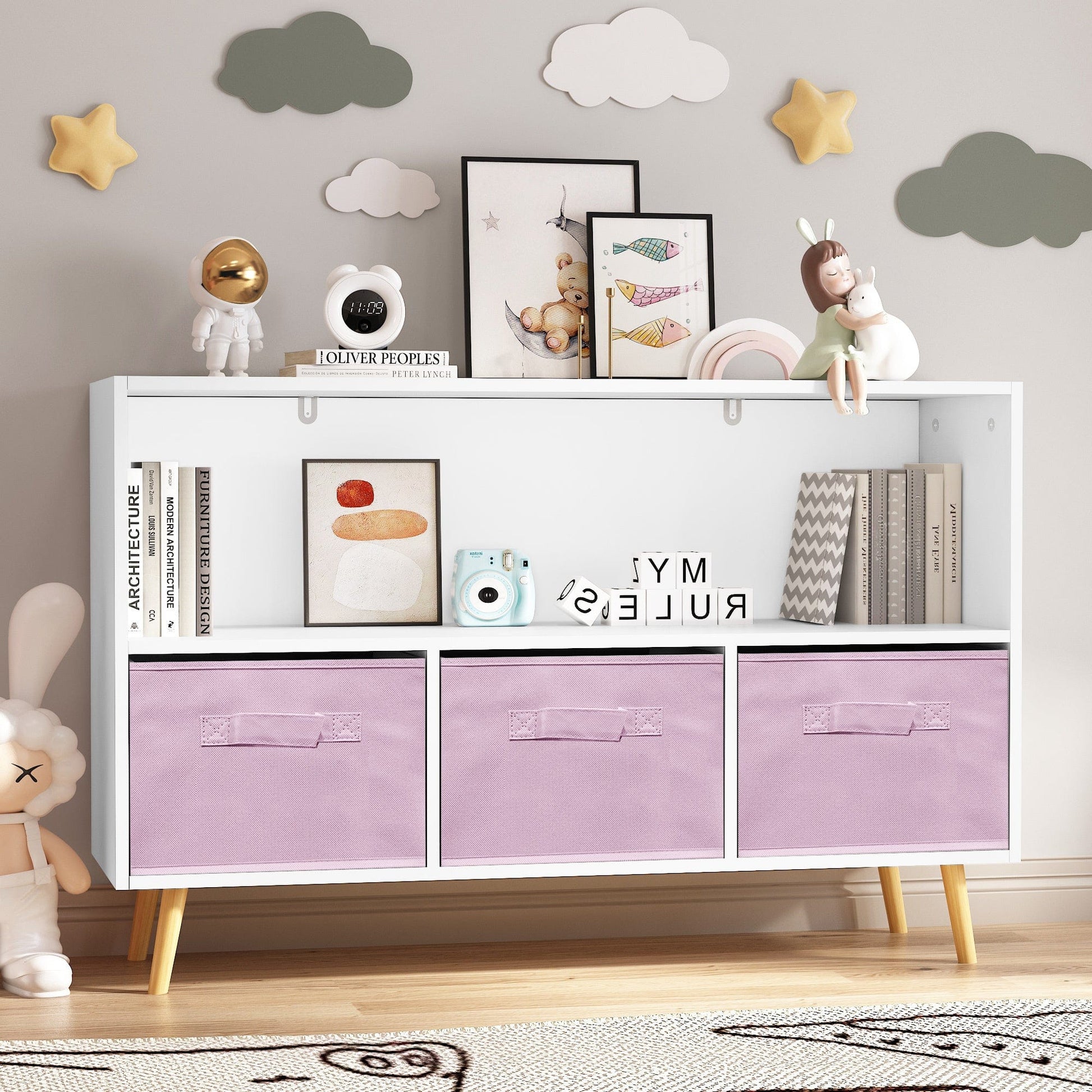 AHDECOR Collapsible Fabric Drawers Kids Bookcase with Toy Storage Cabinet Organizer