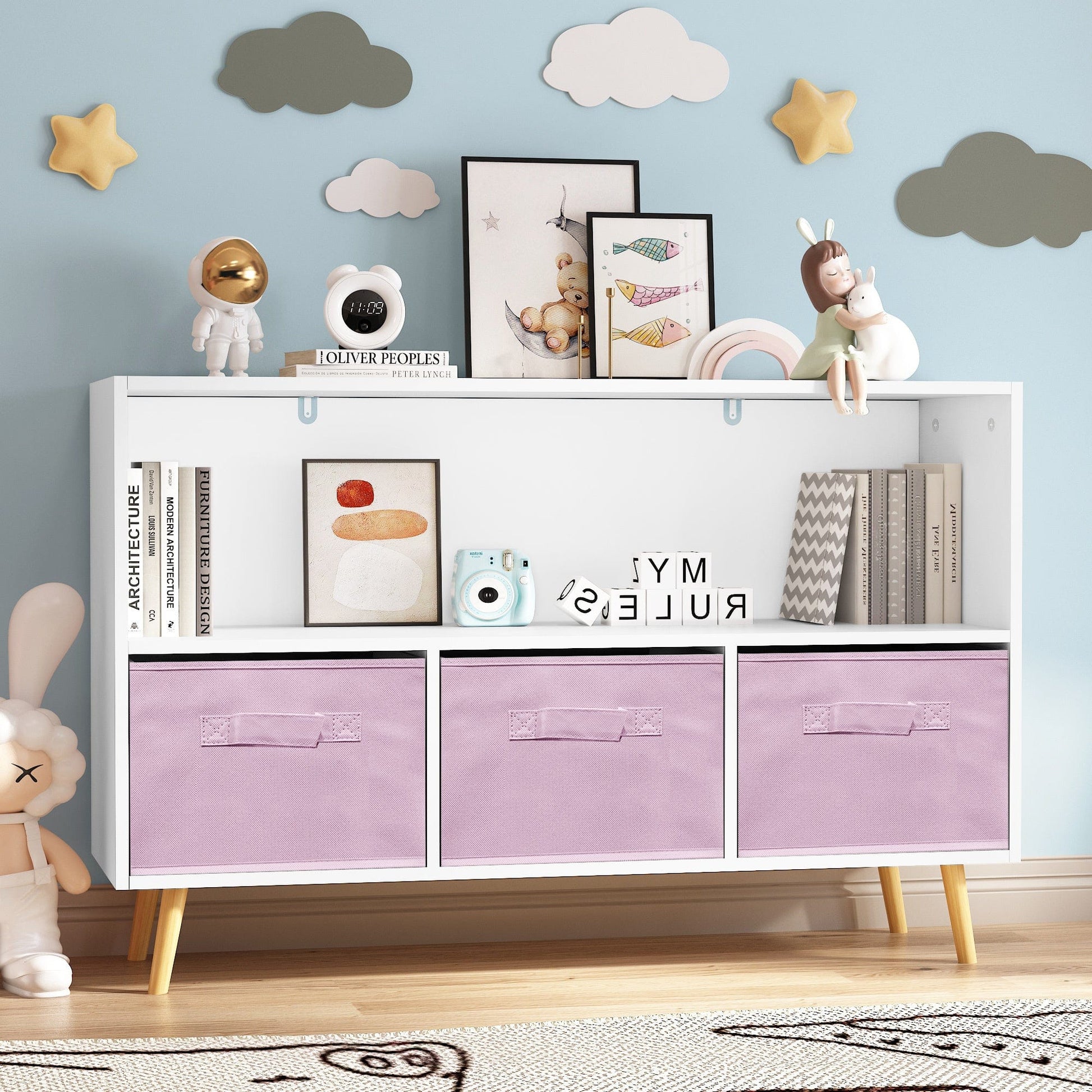 AHDECOR Collapsible Fabric Drawers Kids Bookcase with Toy Storage Cabinet Organizer