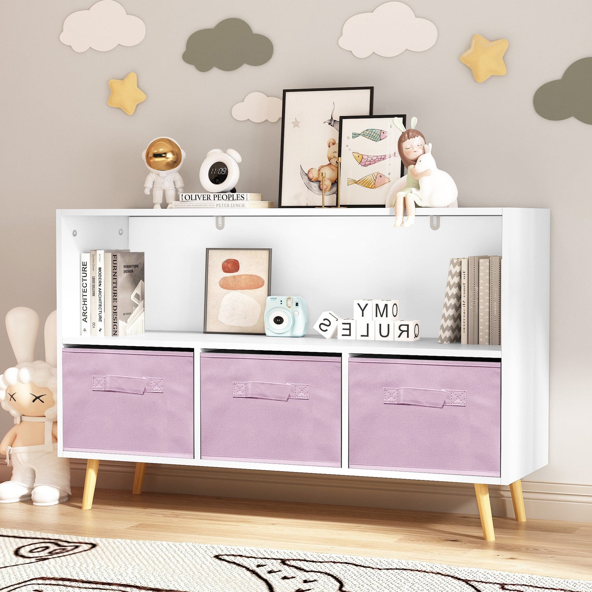 AHDECOR Collapsible Fabric Drawers Kids Bookcase with Toy Storage Cabinet Organizer