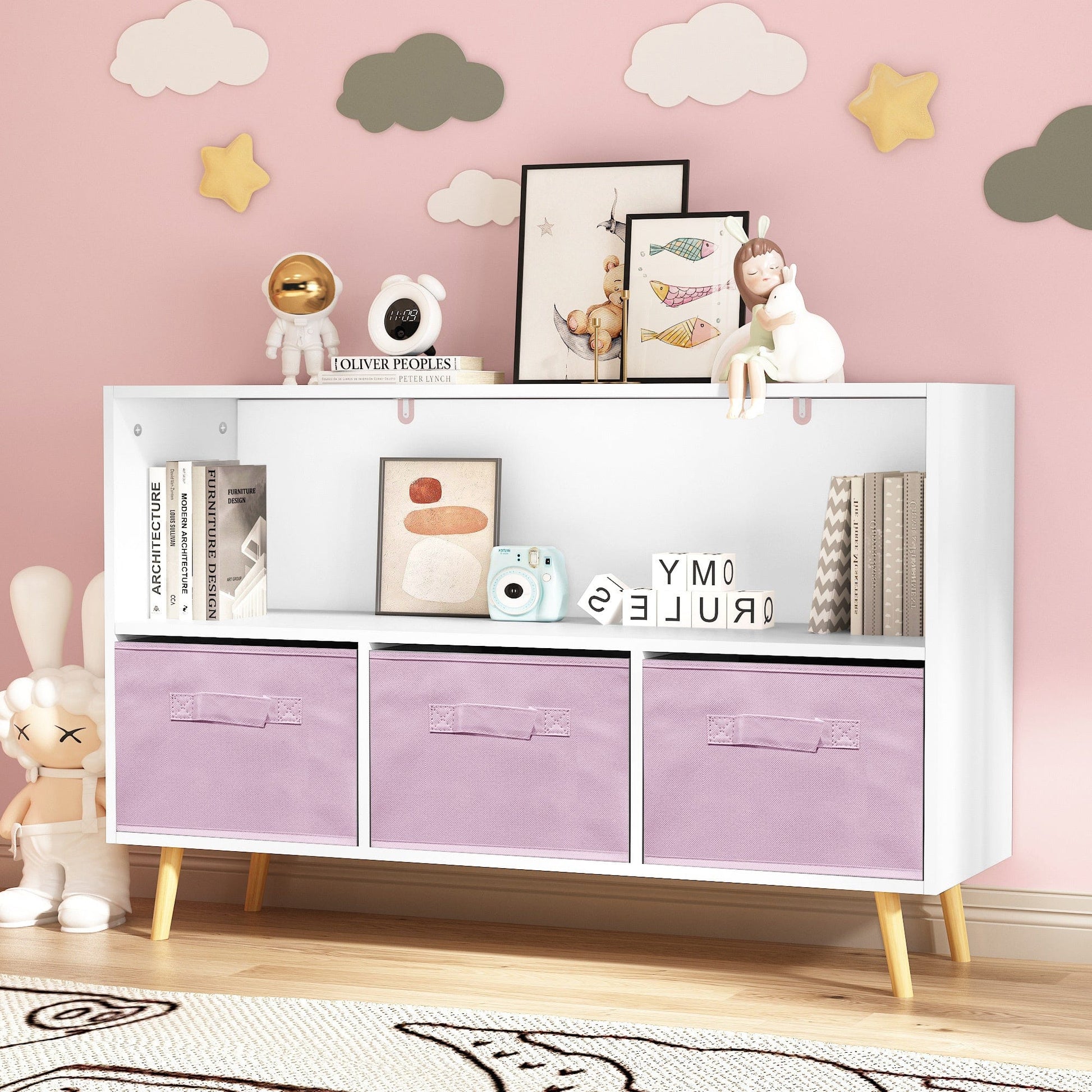 AHDECOR Collapsible Fabric Drawers Kids Bookcase with Toy Storage Cabinet Organizer