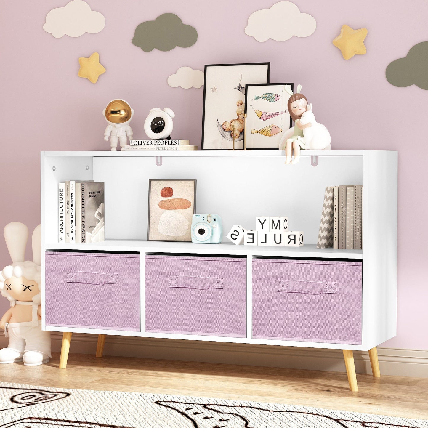 AHDECOR Collapsible Fabric Drawers Kids Bookcase with Toy Storage Cabinet Organizer