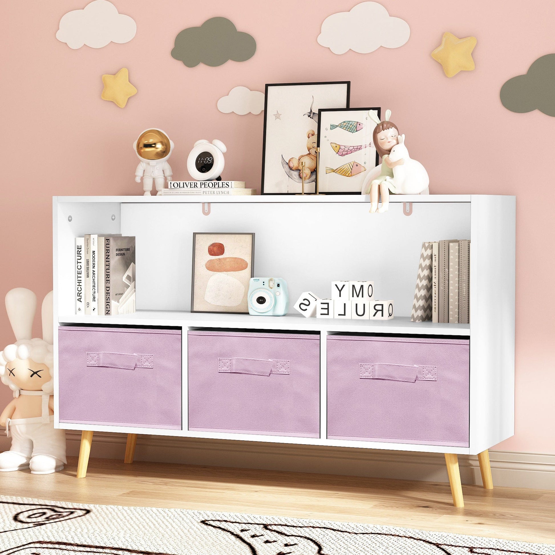 AHDECOR Collapsible Fabric Drawers Kids Bookcase with Toy Storage Cabinet Organizer