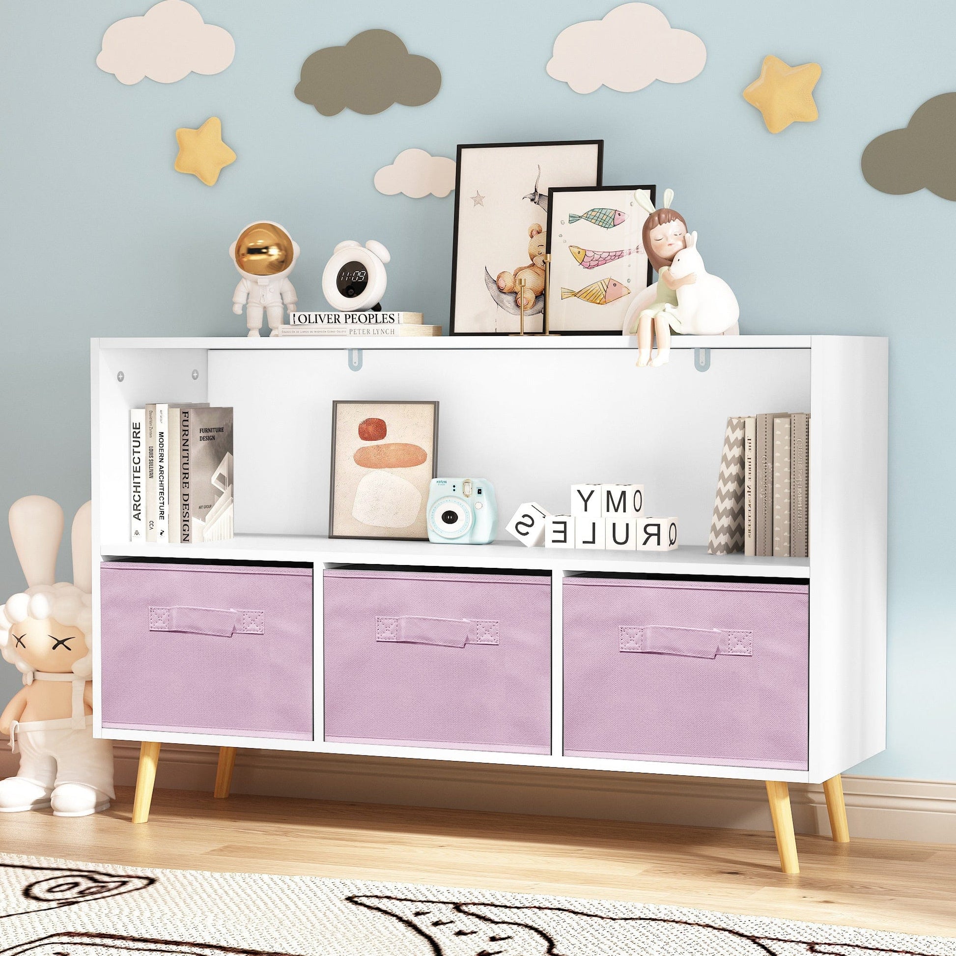 AHDECOR Collapsible Fabric Drawers Kids Bookcase with Toy Storage Cabinet Organizer