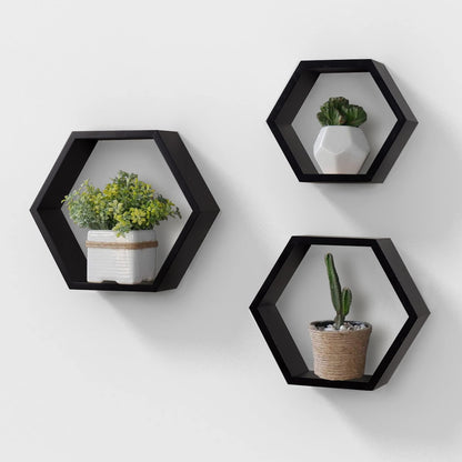 Ah-decor hexagon floating shelves Black / Black Set of 3 Black Adjustable Wall Mounted Hexagon Floating Shelves