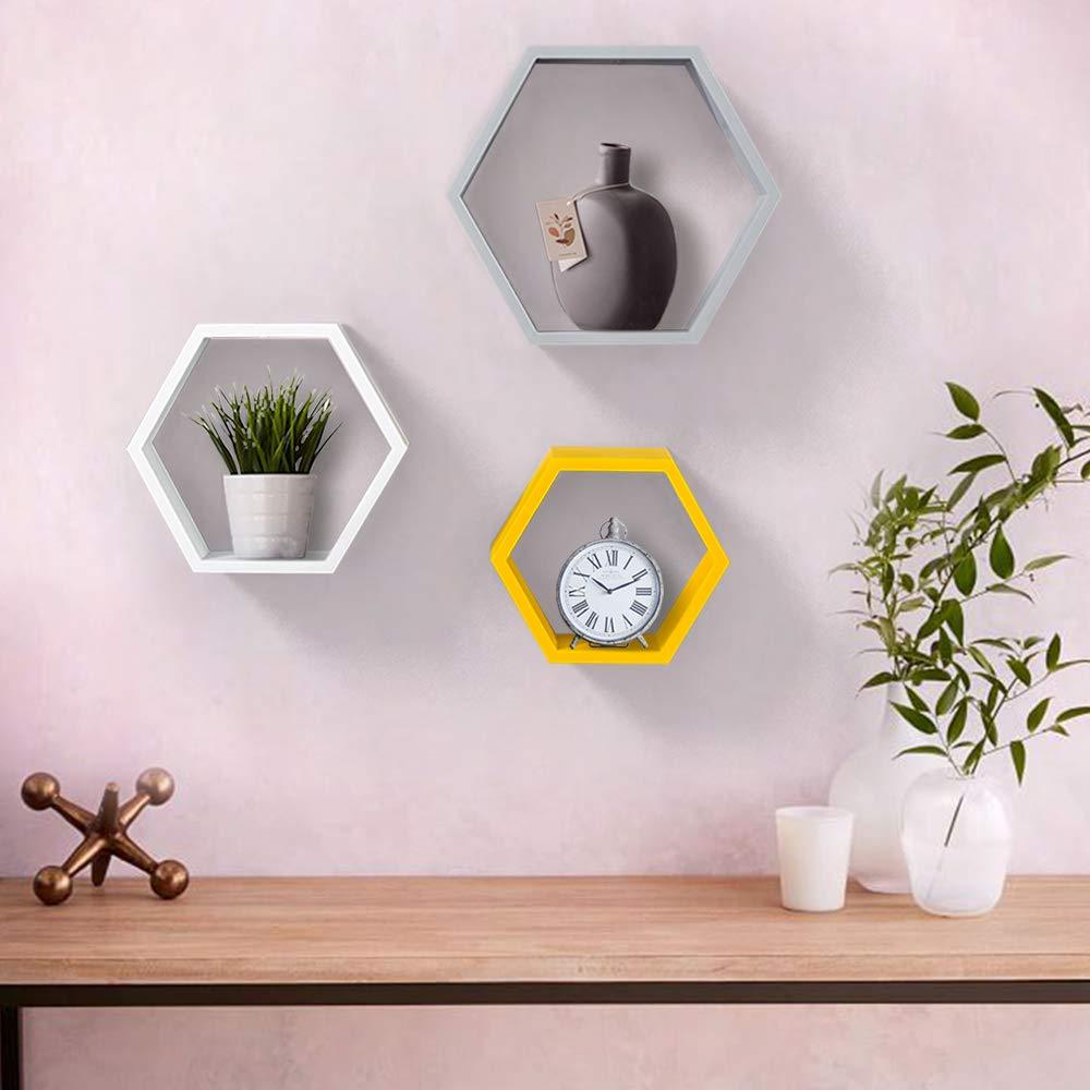 Ah-decor hexagone floating shelf White & Grey & Yellow Set of 3 Adjustable Wall Mounted Hexagon Floating Shelves