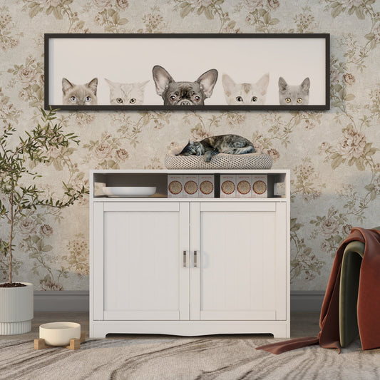 AHDECOR Litter Box Enclosure, Cat Litter Box Furniture with Hidden Plug, 2 Doors,Indoor Cat Washroom Storage Bench Side Table Cat House, Large Wooden Enclused Litter Box House, White