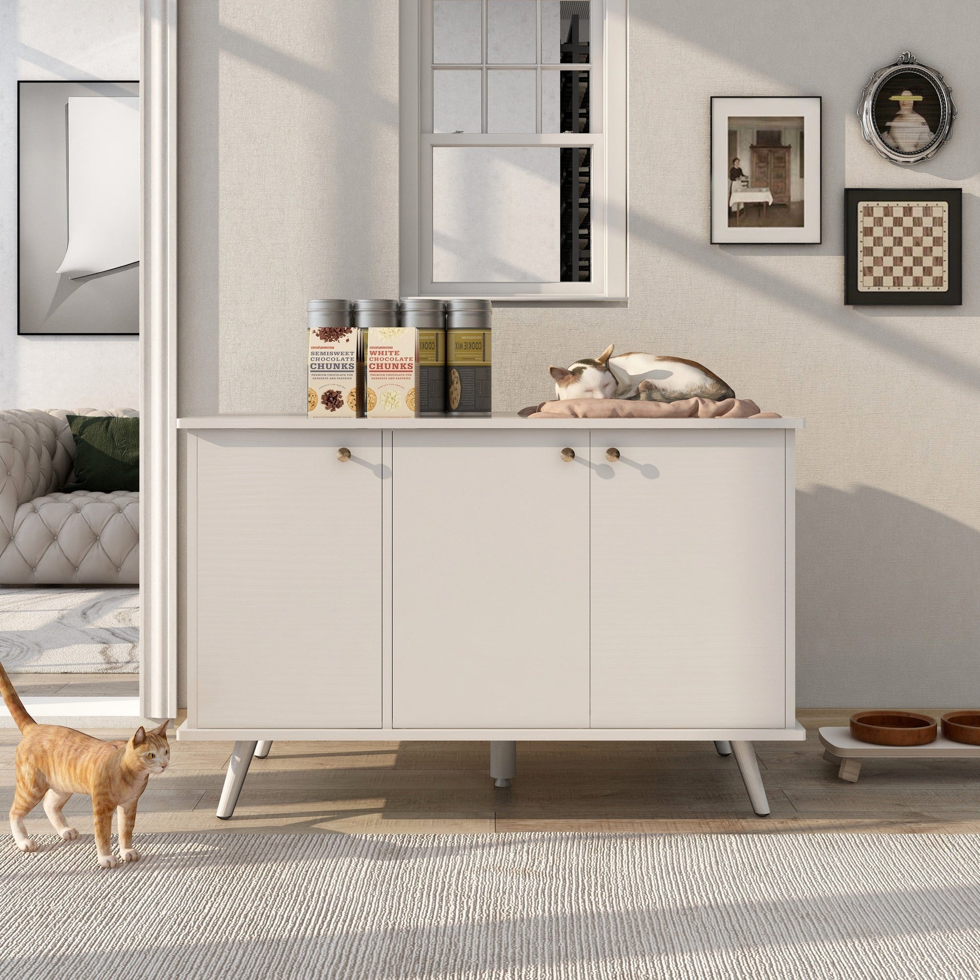 AHDECOR Litter Box Enclosure, Cat Litter Box Furniture with Hidden Plug, 3 Doors,Indoor Cat Washroom Storage Bench Side Table Cat House, Large Wooden Enclused Litter Box House, White