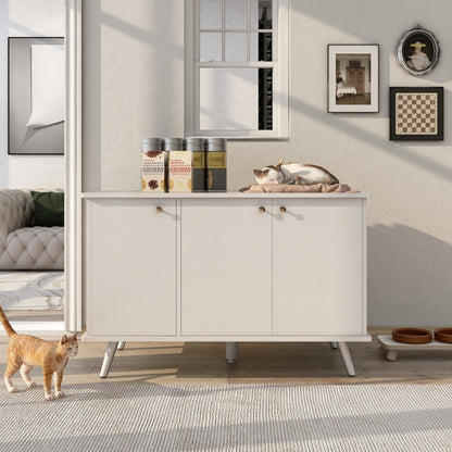 AHDECOR Litter Box Enclosure, Cat Litter Box Furniture with Hidden Plug, 3 Doors,Indoor Cat Washroom Storage Bench Side Table Cat House, Large Wooden Enclused Litter Box House, White