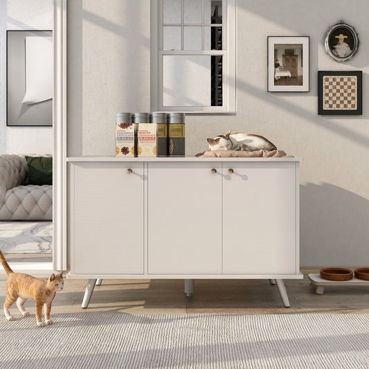 AHDECOR Litter Box Enclosure, Cat Litter Box Furniture with Hidden Plug, 3 Doors,Indoor Cat Washroom Storage Bench Side Table Cat House, Large Wooden Enclused Litter Box House, White