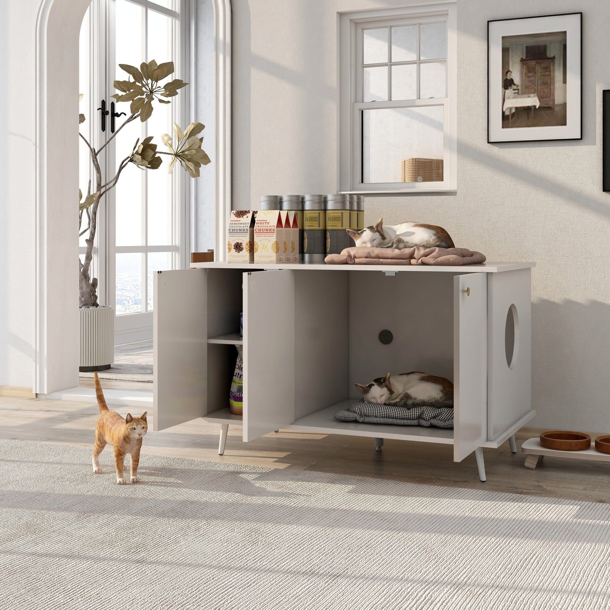 AHDECOR Litter Box Enclosure, Cat Litter Box Furniture with Hidden Plug, 3 Doors,Indoor Cat Washroom Storage Bench Side Table Cat House, Large Wooden Enclused Litter Box House, White