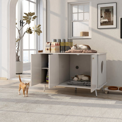 AHDECOR Litter Box Enclosure, Cat Litter Box Furniture with Hidden Plug, 3 Doors,Indoor Cat Washroom Storage Bench Side Table Cat House, Large Wooden Enclused Litter Box House, White