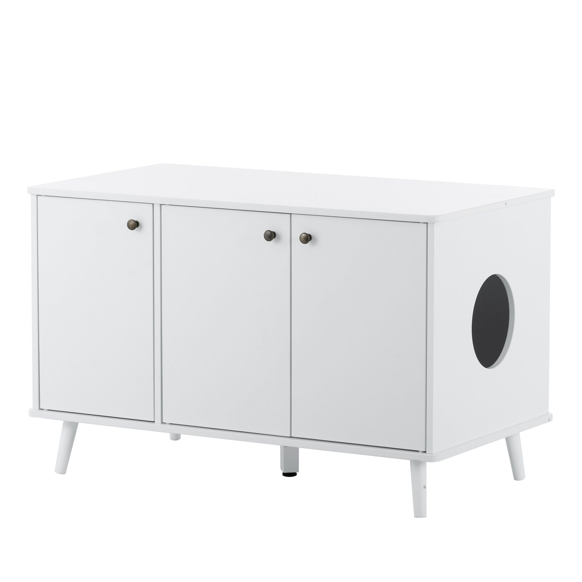 AHDECOR Litter Box Enclosure, Cat Litter Box Furniture with Hidden Plug, 3 Doors,Indoor Cat Washroom Storage Bench Side Table Cat House, Large Wooden Enclused Litter Box House, White