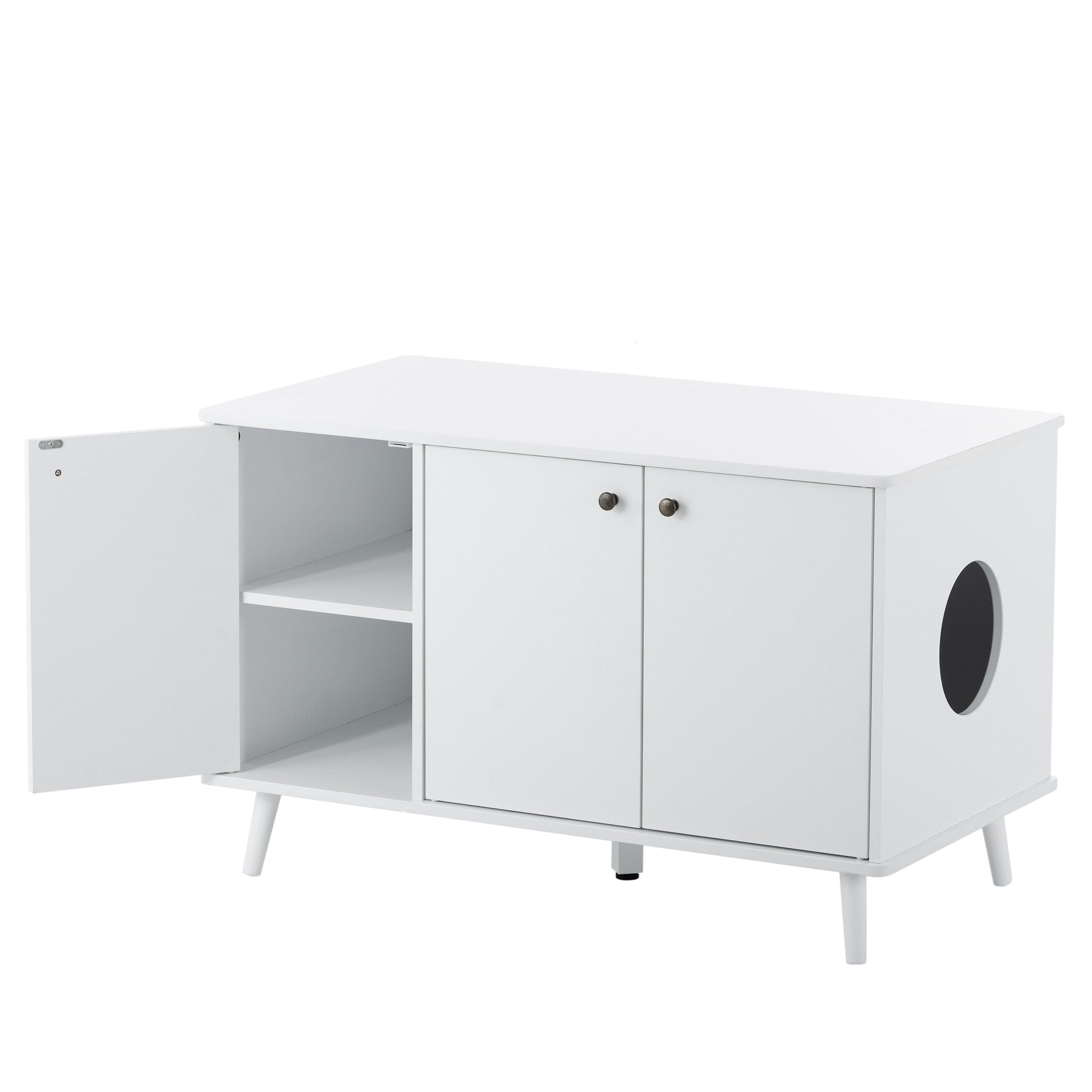 AHDECOR Litter Box Enclosure, Cat Litter Box Furniture with Hidden Plug, 3 Doors,Indoor Cat Washroom Storage Bench Side Table Cat House, Large Wooden Enclused Litter Box House, White