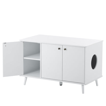 AHDECOR Litter Box Enclosure, Cat Litter Box Furniture with Hidden Plug, 3 Doors,Indoor Cat Washroom Storage Bench Side Table Cat House, Large Wooden Enclused Litter Box House, White