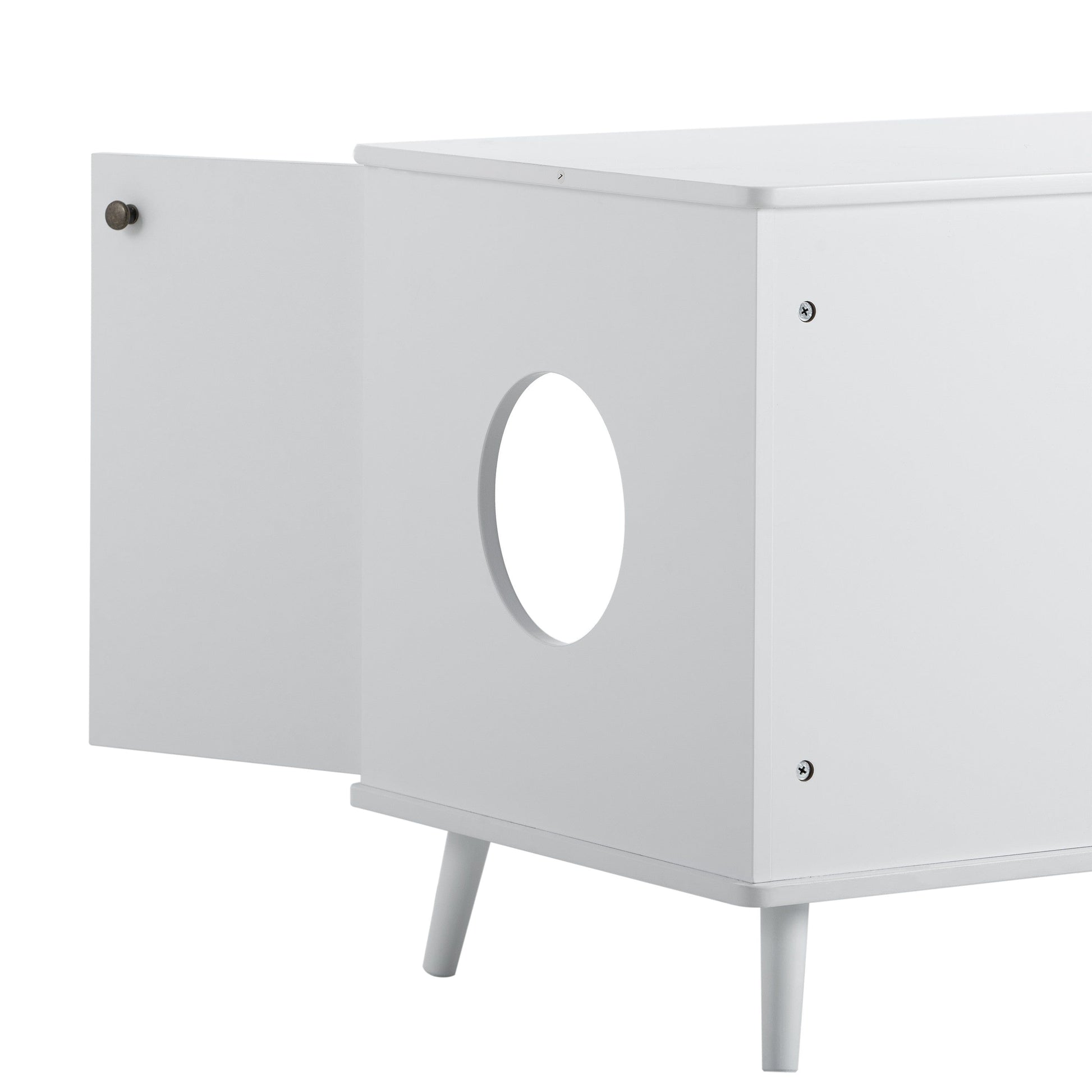 AHDECOR Litter Box Enclosure, Cat Litter Box Furniture with Hidden Plug, 3 Doors,Indoor Cat Washroom Storage Bench Side Table Cat House, Large Wooden Enclused Litter Box House, White
