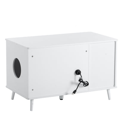 AHDECOR Litter Box Enclosure, Cat Litter Box Furniture with Hidden Plug, 3 Doors,Indoor Cat Washroom Storage Bench Side Table Cat House, Large Wooden Enclused Litter Box House, White