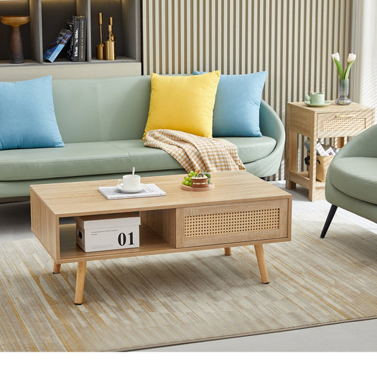 AHDECOR Rattan Wooden Coffee Table with Sliding Door Cabinet